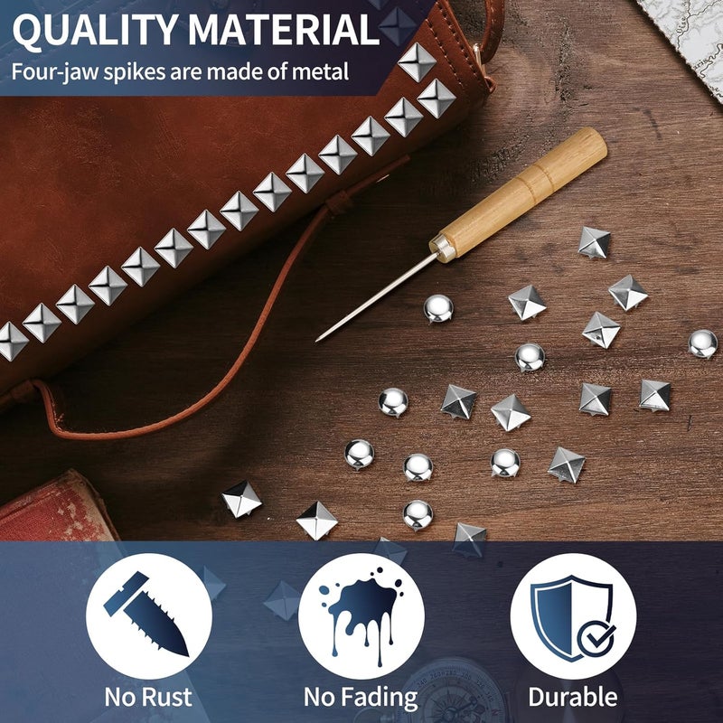 Jollidecor 1250 PCS Metal Studs for Clothing, 10mm Square Pyramid Studs and Round Dome Studs for Craft, Leather Rivet Kit with Awl Silver Spikes for Clothes, Jacket, Belt, Dog Collar - Image 3